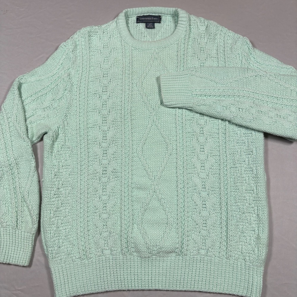 Vtg Christopher Hayes Cable Knit Sweater XL Mint Green Cotton Made in USA 90s